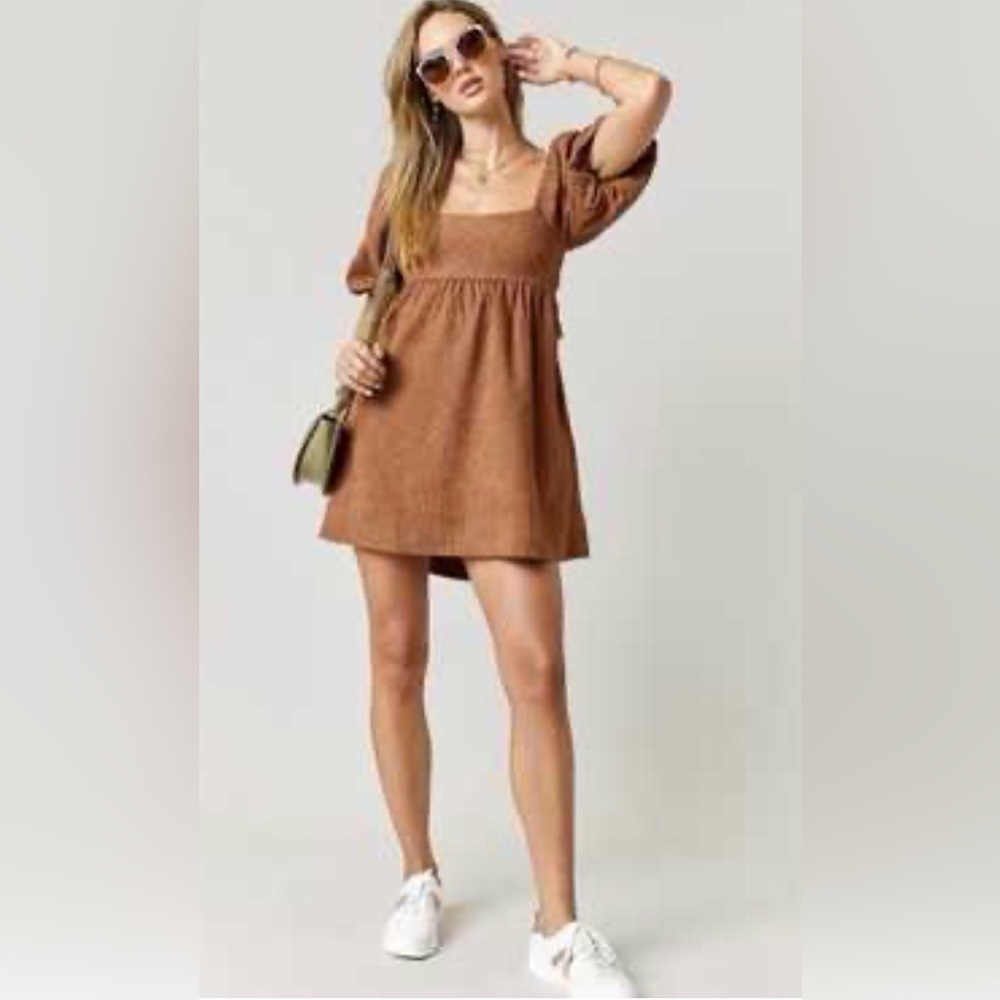 Audrey Parks Francesca’s Square-Neck Puff Sleeve Mini Dress in Warm Brown